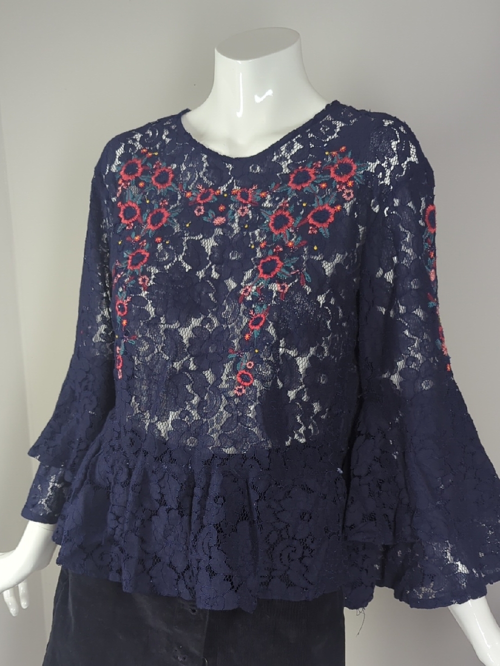 Luna Moon Lace Peplum Top Small Navy Blue Floral Embroidered Boho Romantic Blous